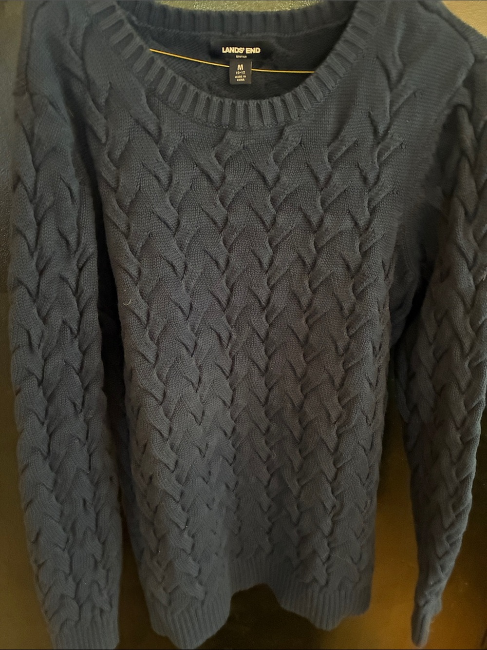 Lands' End Drifter Cable Crewneck Sweater Classic Preppy 100% cotton navy blue M